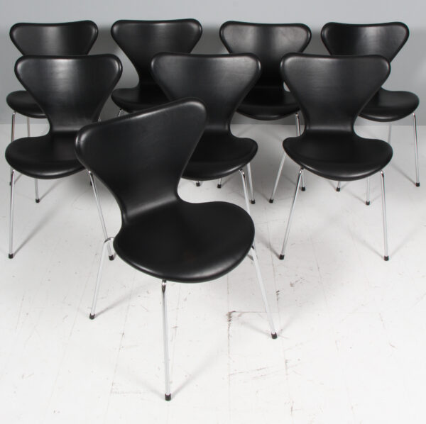 Arne Jacobsen sæt på otte 3107 sort semi anilin læder - Billede 2