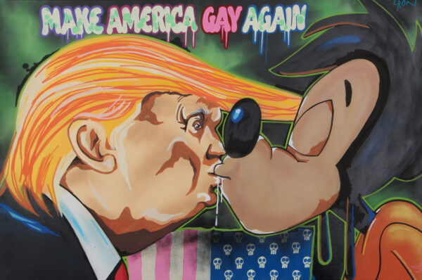 L:Ron:Harald, figurativ komposition. Make America Gay Again 100×150 cm